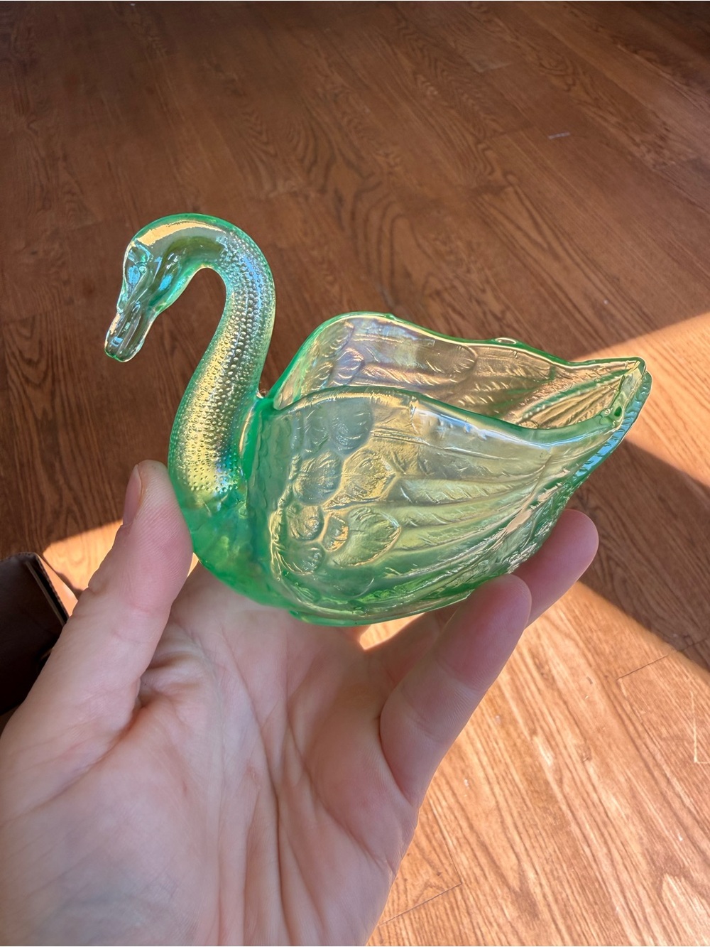 Antique green carnival glass decorative swan dish - Fenton